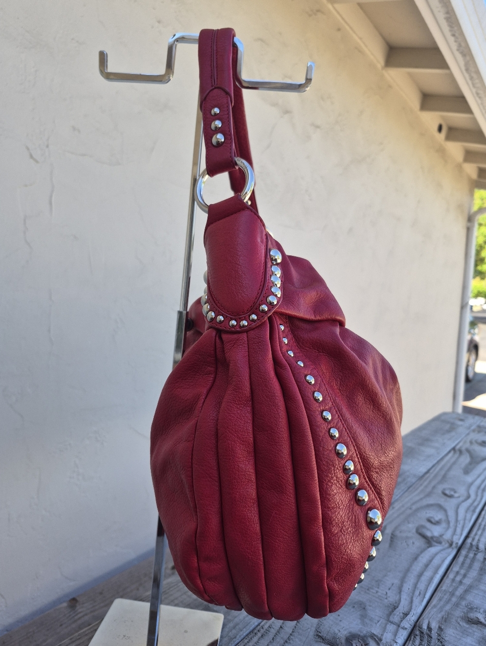 B. Makowsky Vintage Leather Studded Red Hobo Shoulder Bag - Picture 7 of 16